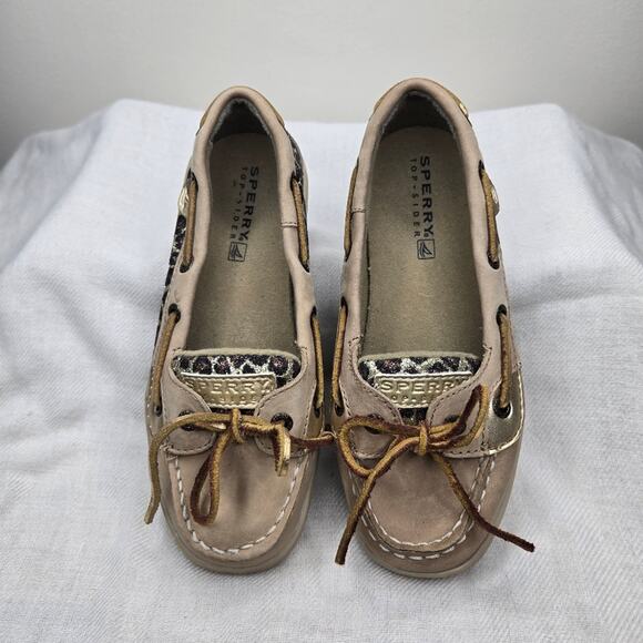SPERRY Top-Siders Tan Boat Shoes with Glitter Leopard Print Pattern Size 13.5 - Picture 2 of 10